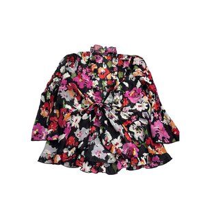 Vintage Y2K Notations Sheer Floral Blouse Size S Tie Front Ruffle Multicolor